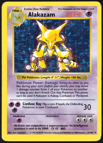 Alakazam 1/102 Shadowless Holo Base Set Pokemon Card HP