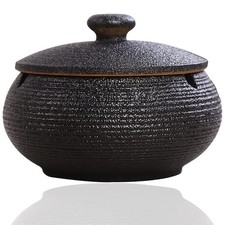 Panngu Aschenbecher Retro Schwarz Keramik Rund mit Deckel 11,5x8,5 cm