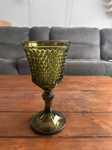 Vintage Indiana Glass Diamond Point Olive Green Footed Candy Dish Vase 11" Tall