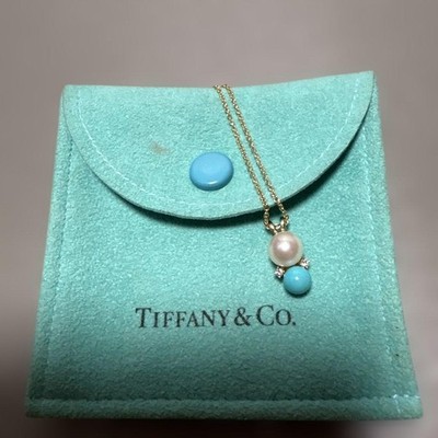* Vintage Tiffany & Co 14K Gold Perle Türkis Diamant Anhänger Halskette 585 16''