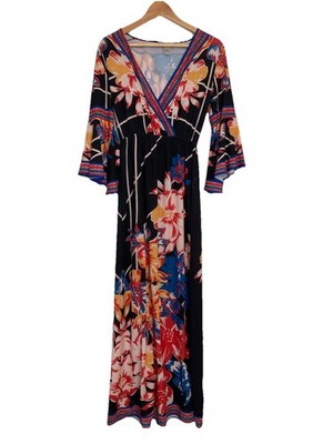 Flying Tomato Floral Maxi Dress Womens XS Bell Sleeves Colorful V- Neck Hawaiian