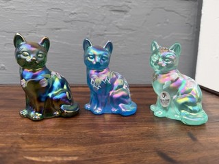 3 Fenton Blue Green Carnival Iridescent Stylized Cat Dancing Painted Daisies