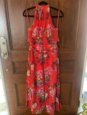 Eliza J Floral Ruffle Tie Halter Maxi Dress Chiffon Red Sleeveless Size 2