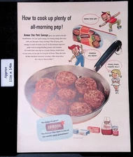 1954 ARMOUR STAR Pure Pork Sausage in Frying Pan All-Morning Pep!Print Ad 49232