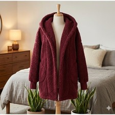 Jill Martin Wine Burgundy Sherpa Hooded Cardigan Wine Glass Back XS/S