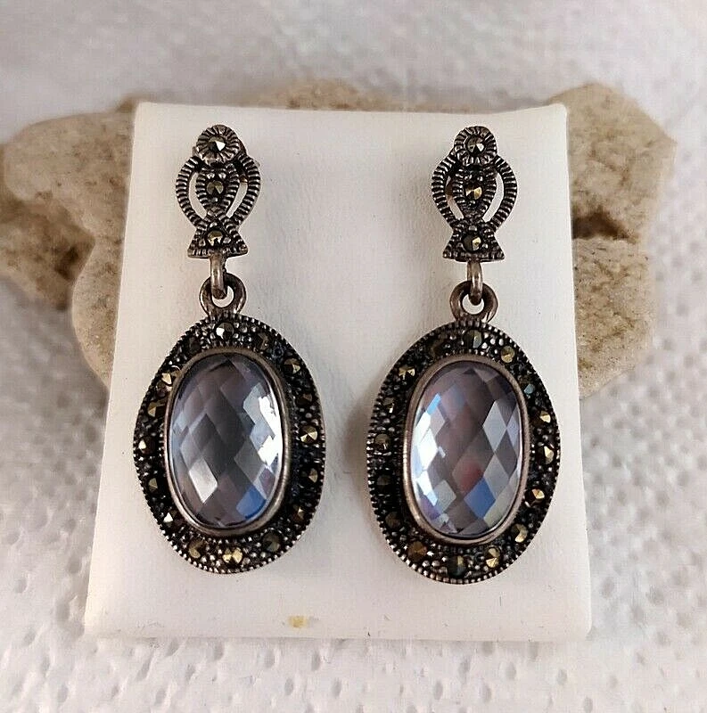 Orecchini pendenti vintage in argento sterling 925 con marcasite e pietre preziose autentiche - Italia