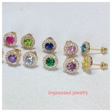 14K-Gold-Women-Children-6mm 8mm-Birthstone-Round-Halo-Stud-SCREW-BACK-Earring