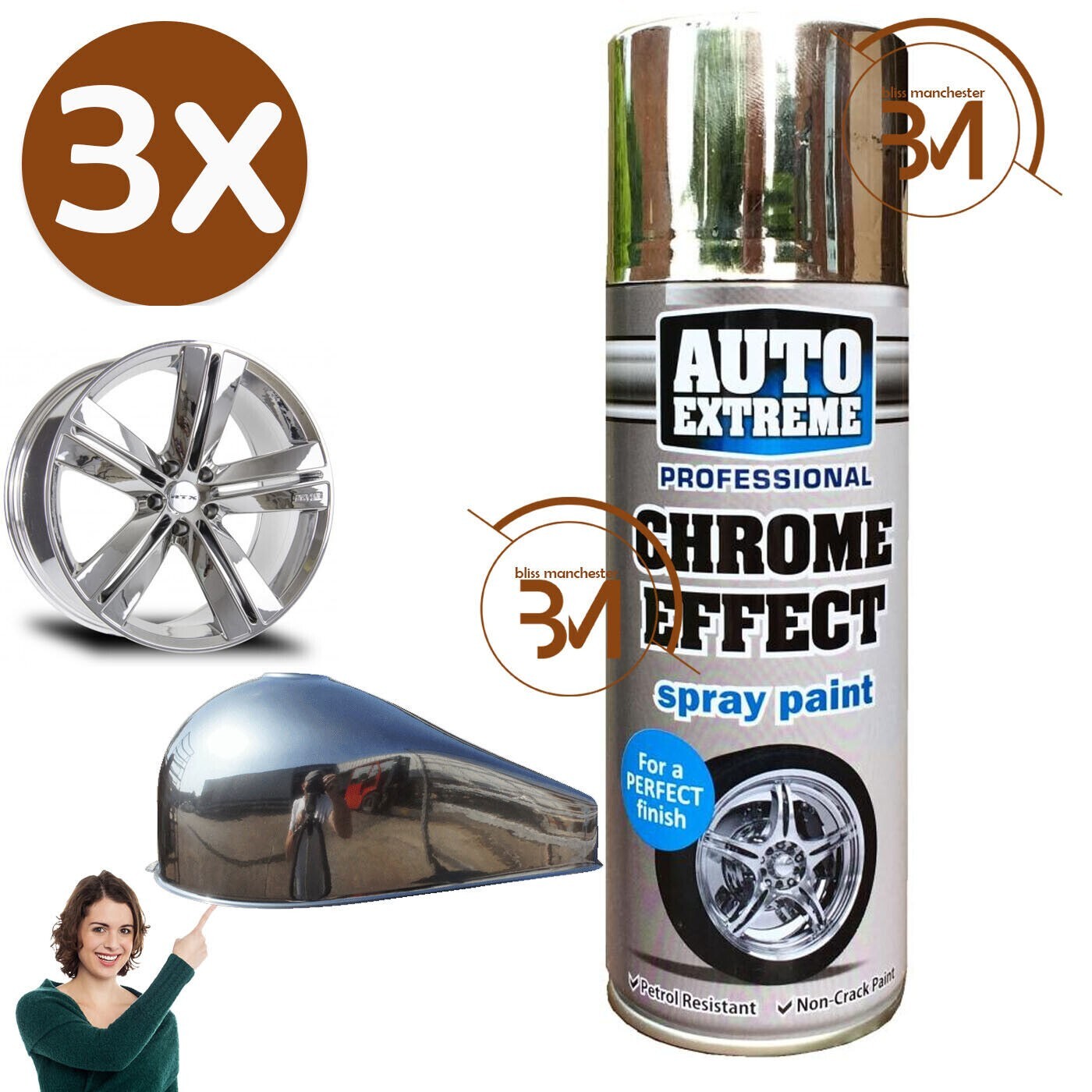 3 x Aerosol de pintura en aerosol efecto cromo para llantas coche furgoneta bicicleta pinturas 400 ml