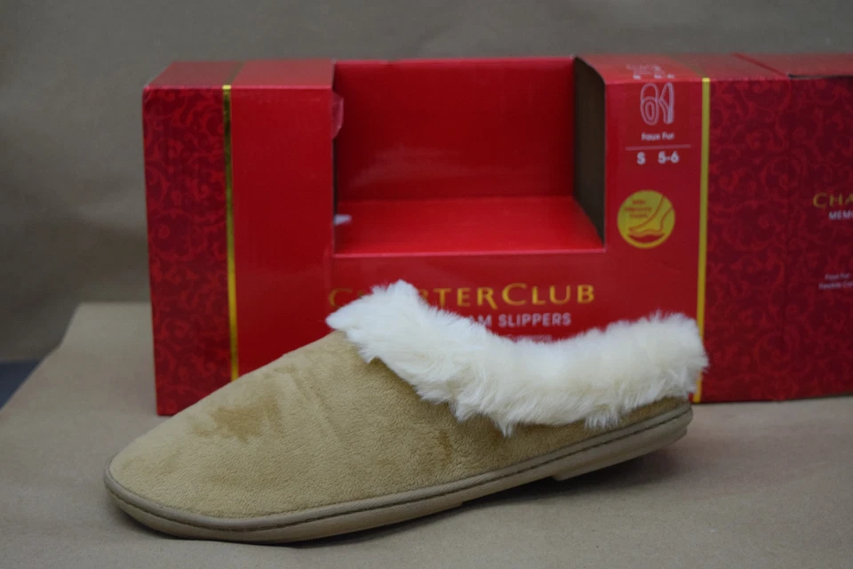 Zapatillas pequeñas de espuma viscoelástica de piel sintética color tostado liso CHARTER CLUB para mujer 5-6 Foto 4 de 4