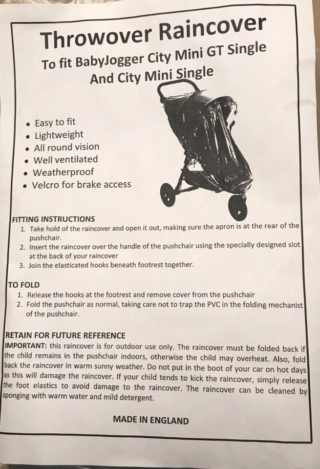 Koodee Pushchair Raincover To Fit Baby Jogger City Mini & GT Single BNIP