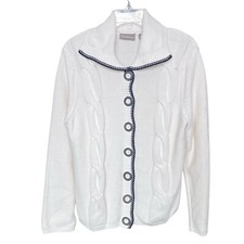 NEW Croft  Barrow Womens Cable Knit Cardigan Sweater Size L Ivory Navy Preppy