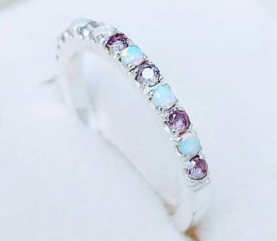Opal Alexandrite Silver Wedding Band Ring for Women-image