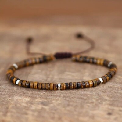 Natural Tiger's Eye Stone Braided Dainty Bracelet Brown Stone Bracelet for Men