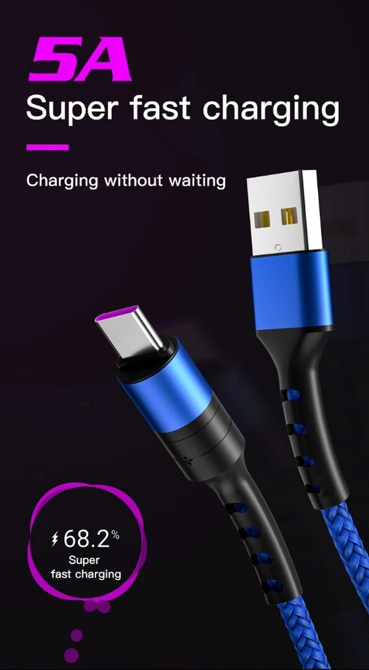 5A Fast Charger Cable for Samsung, Iphone, MicroUSB, USB C 3,6,10 feet Type C QI - Image 2 of 4