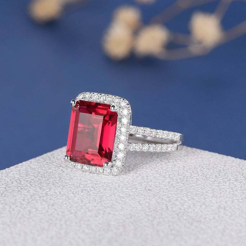 3Ct Emerald Cut Lab Created Red Ruby Diamond Womens Ring 14K White