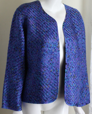 AMAZING FIBER ART Chico's Sz 1 M 100% SILK Purple Basketweave Open Jacket Vtg
