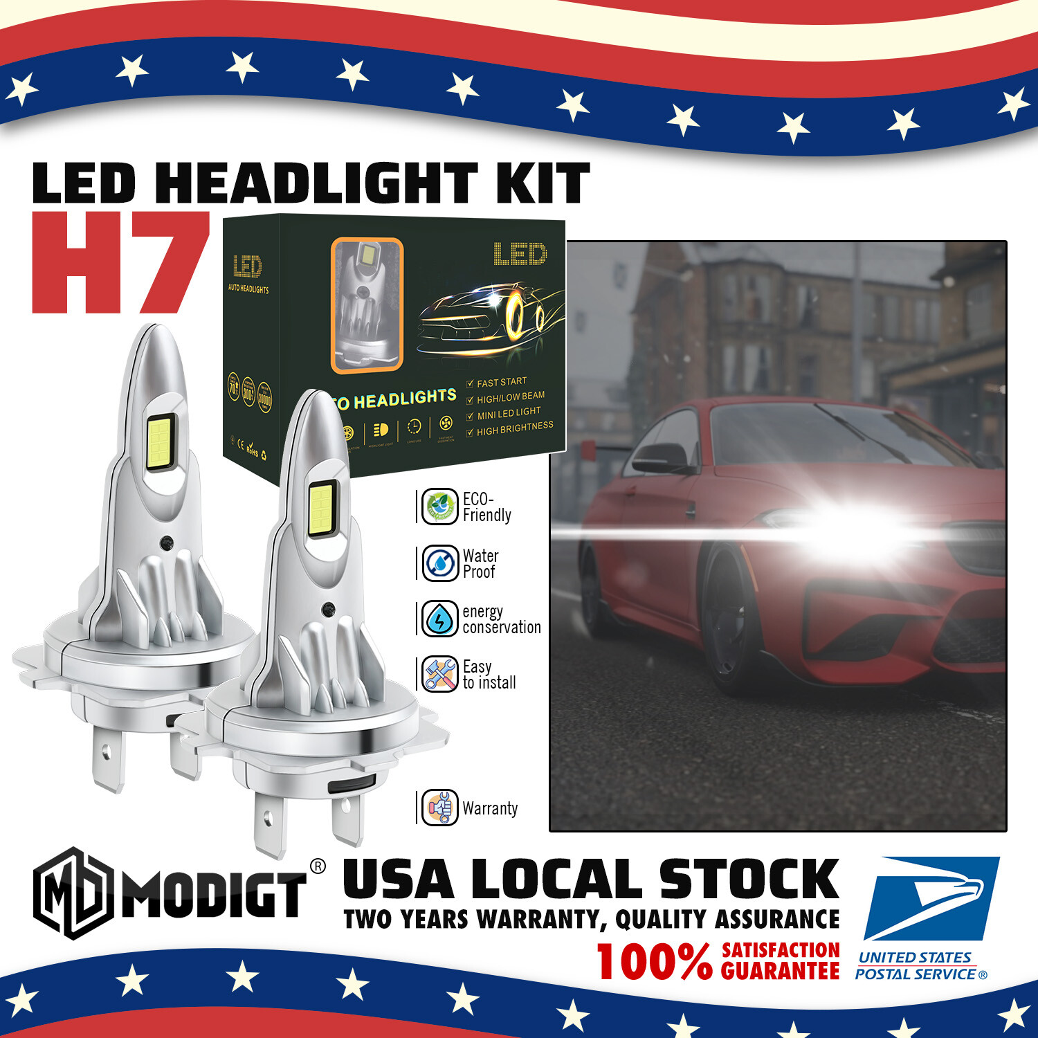 2Pcs 70W H7 80000LM Car LED Headlight Super Bright Bulbs Kit White 6000K USA