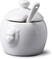 Löwenkopf Porzellan Senftopf mit Deckel & Löffel, weißer Zucker, Marmelade, Salztopf