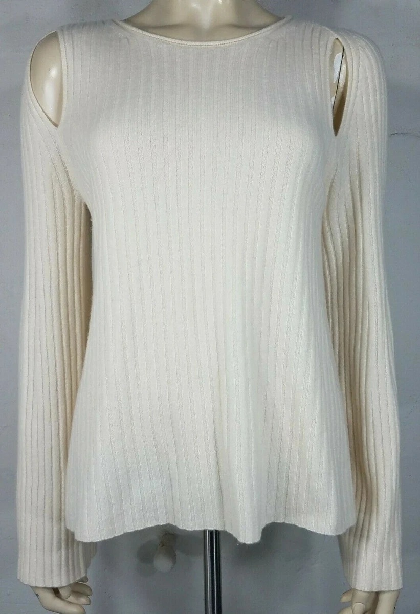 Vince off white cream 100 Cashmere ribbed open shoulder pullover sweater Medium