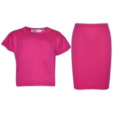 Kids Girls Plain Pink Crop Top  Pencil Skirts Two Piece Party Dress Outfit Sets