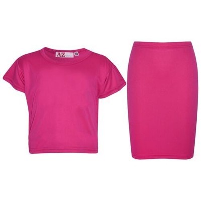Kids Girls Plain Pink Crop Top & Pencil Skirts Two Piece Party Dress Outfit Sets