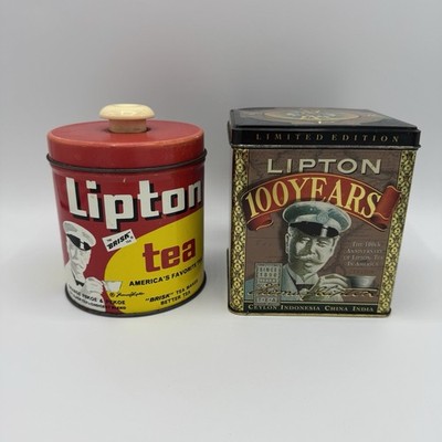 Vintage Lipton Tea Tin Bundle Red Button Top Brisk Orange Pekoe & 100 Years 