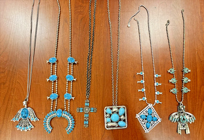 Lot of 6 Vintage Faux Turquoise Silver Tone Statement Necklaces Squash Blossoms