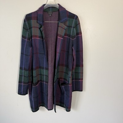 Talbots Pure Merino Wool Cardigan Sweater Womens Size M Purple Plaid Knit Thick