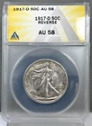 1917-D on Reverse U.S. 50c Walking Liberty Half Dollar ANACS AU58