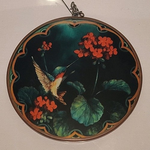 Vintage Hummingbird Red Flowers Stained Glass Sun Catcher Brass Frame 4.75"