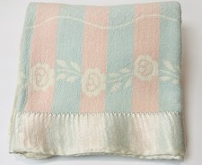 Vtg ESMOND Crib Blanket Cotton Flannel Satin Trim Reverse Stripe Floral Read 
