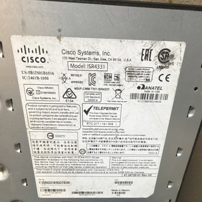 Cisco ISR4331 Rack Mountable Enterprise Router 1Gbps 2 LAN 1 WAN Ethernet RJ-45
