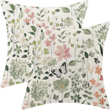 Spring Pillow Covers 18x18 Linen Floral Botanical Set of 2 Green Pink Decorative