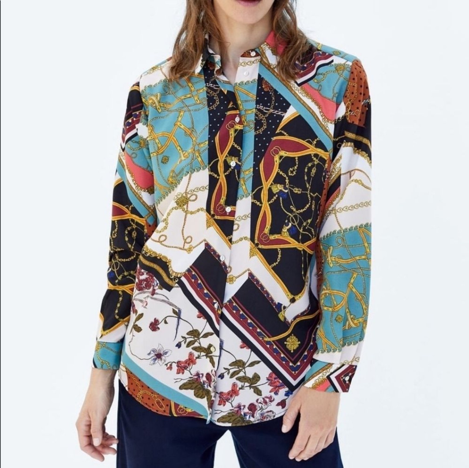 Zara Basic Chain Patchwork Scarf Flowy Blouse Siz… - image 1