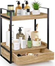 2-Tier Bathroom Organizer Countertop with Drawer, Wood Counter Shelf for