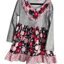Pete  Lucy Floral Ruffle Dress Kids Size 4 Gray Pink Heart Print Long Sleeve