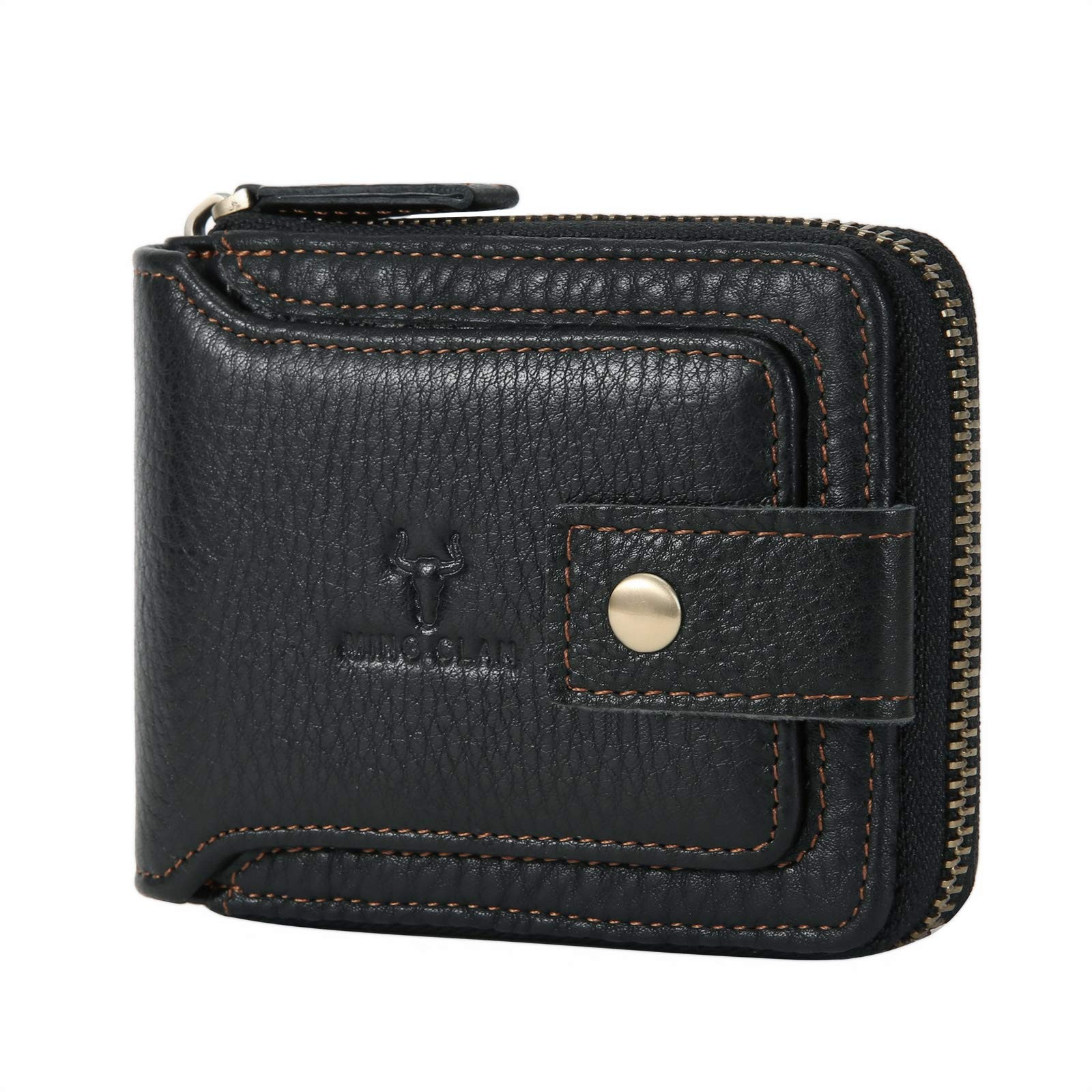 Slim RFID Blocking Leather Bifold Zipper Wallet for Men with ID Flap