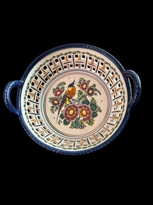 Vintage Delft Polychrome Hand Painted Reticulated Basket Holland Bird & Floral
