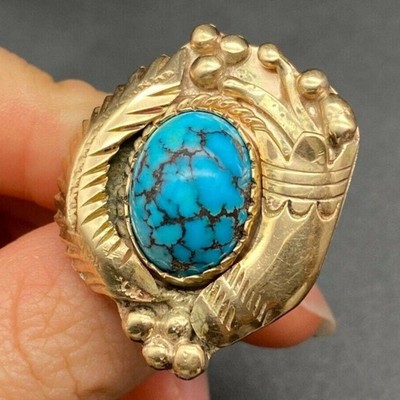 Vintage Carlos White Eagle Native Indian Turquoise 14K Gold Ring Size 5.25