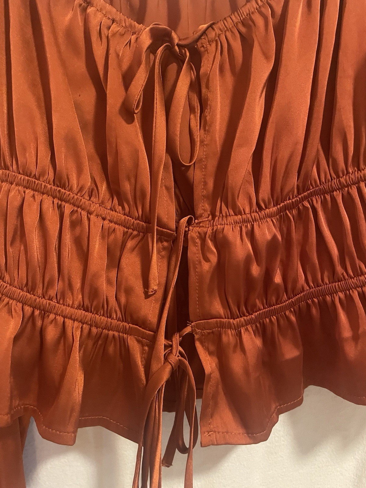 Mixed Thread Rust Ruched Tie Front Long Sleeve To… - image 3