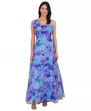 Eliza J A-Line Gown 10 Blue Floral Bow Accent Lined Square Neck NWT