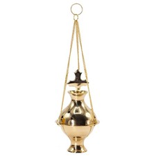 Hanging Brass Incense Burner Censer with Cross Finial Star Cutouts 14cm Handmade
