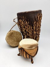 3x Vintage Ethnic African Drum Bongo Djembe Tall Animal Skin Hand Made S9243