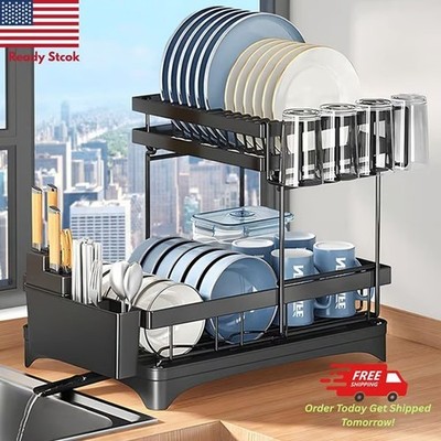 2 Level Over Sink Drying Rack Dish Drainer with Cutlery Holder Stainless Steel