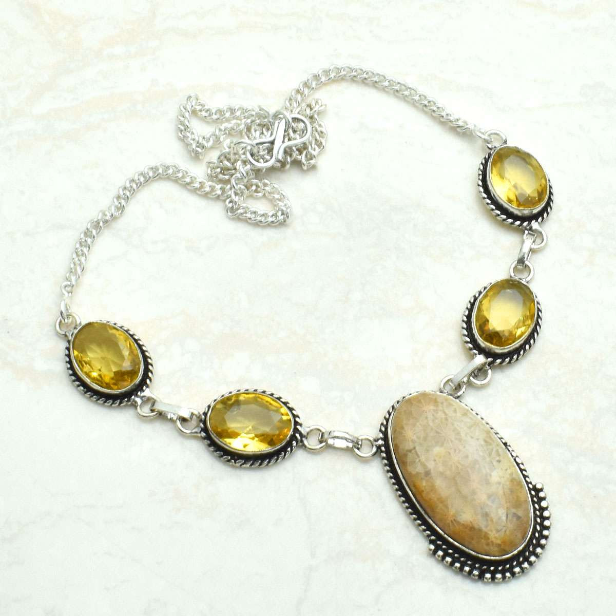 Fossil Coral Citrine Ethnic Handmade Necklace Jewelry 26 Gms AN 72087