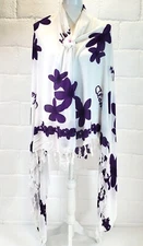 Hawaii Beachwear Wrap Scarf Swimsuit Cover w Flower Fringed White Purple 47x62