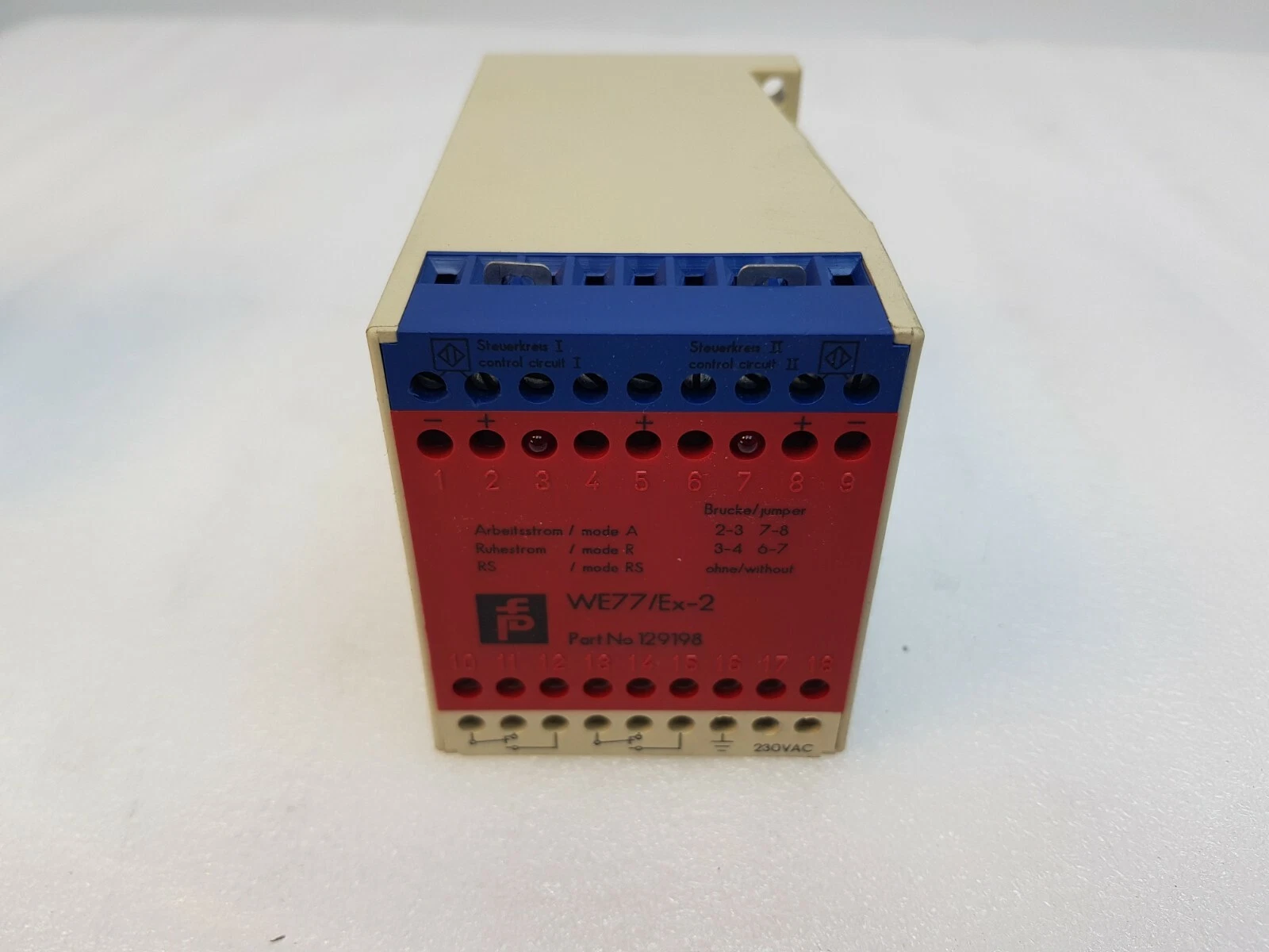 Front of the Pepperl+Fuchs WE77/Ex-2 switch amplifier, part no 129198, terminals 1-18, 230VAC