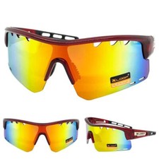 Oversize WRAP AROUND Cycling Shield SUN GLASSES Large Red Frame Vented Gold Lens