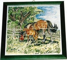 4 Mattonelle manufatte di maiolica incorniciate per quadro cavalla e suo puledro