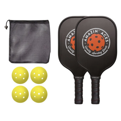 Amazin Aces Classic Pickleball Set w/ 2 Graphite Paddles & 4 Balls, Black New!